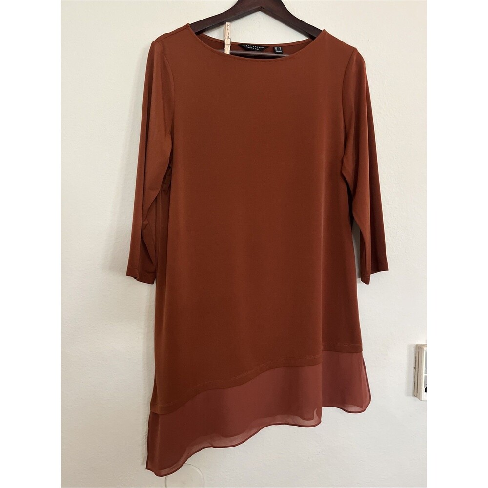 Susan Graver Liquid Knit 3/4 Sleeve Round Neck Tunic Orange Asymmetrical Hem M
